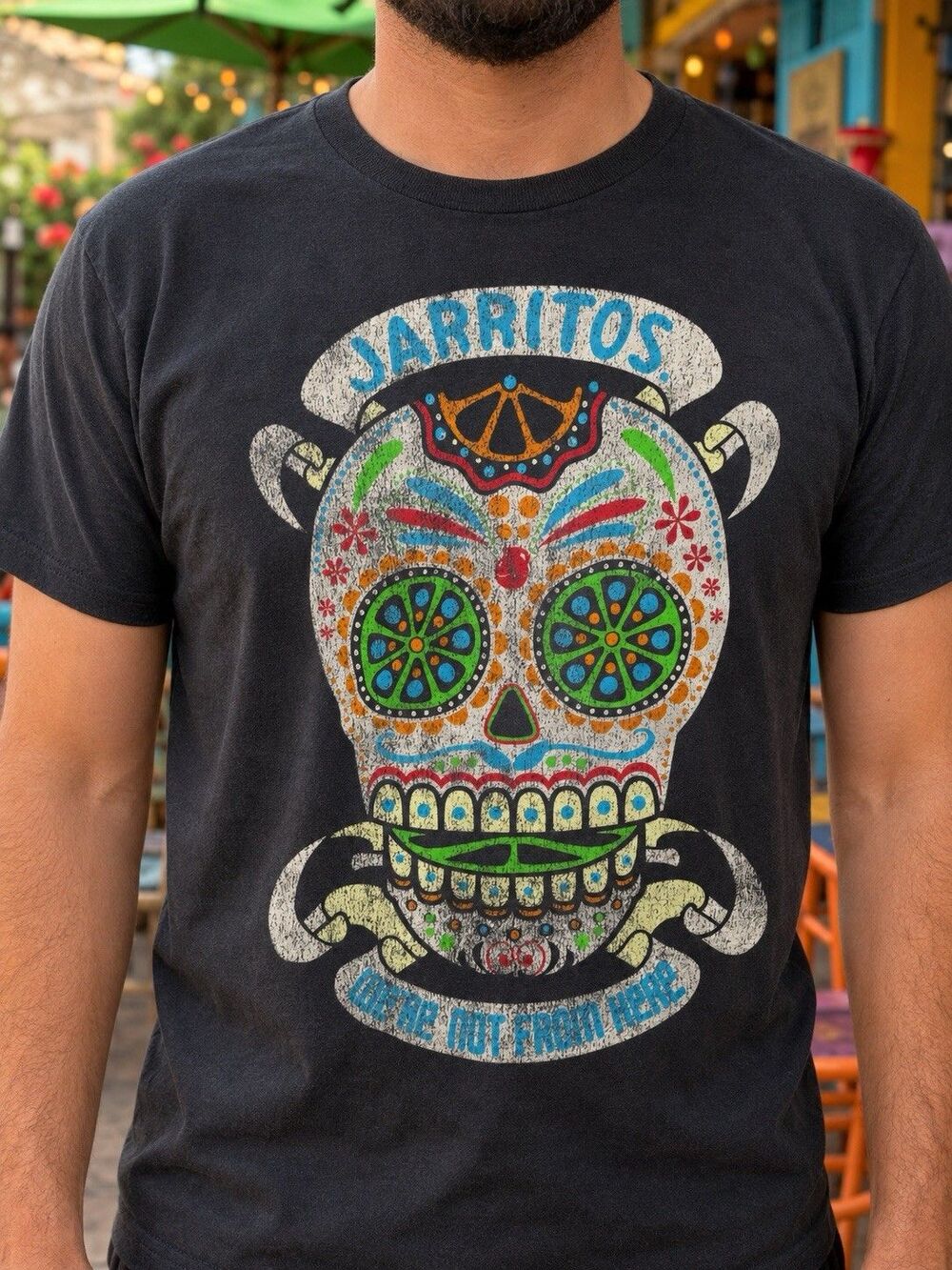 Jarritos Mexican Soda Ripple Junction Large Black Sugar Skull Graphic T-Shirt